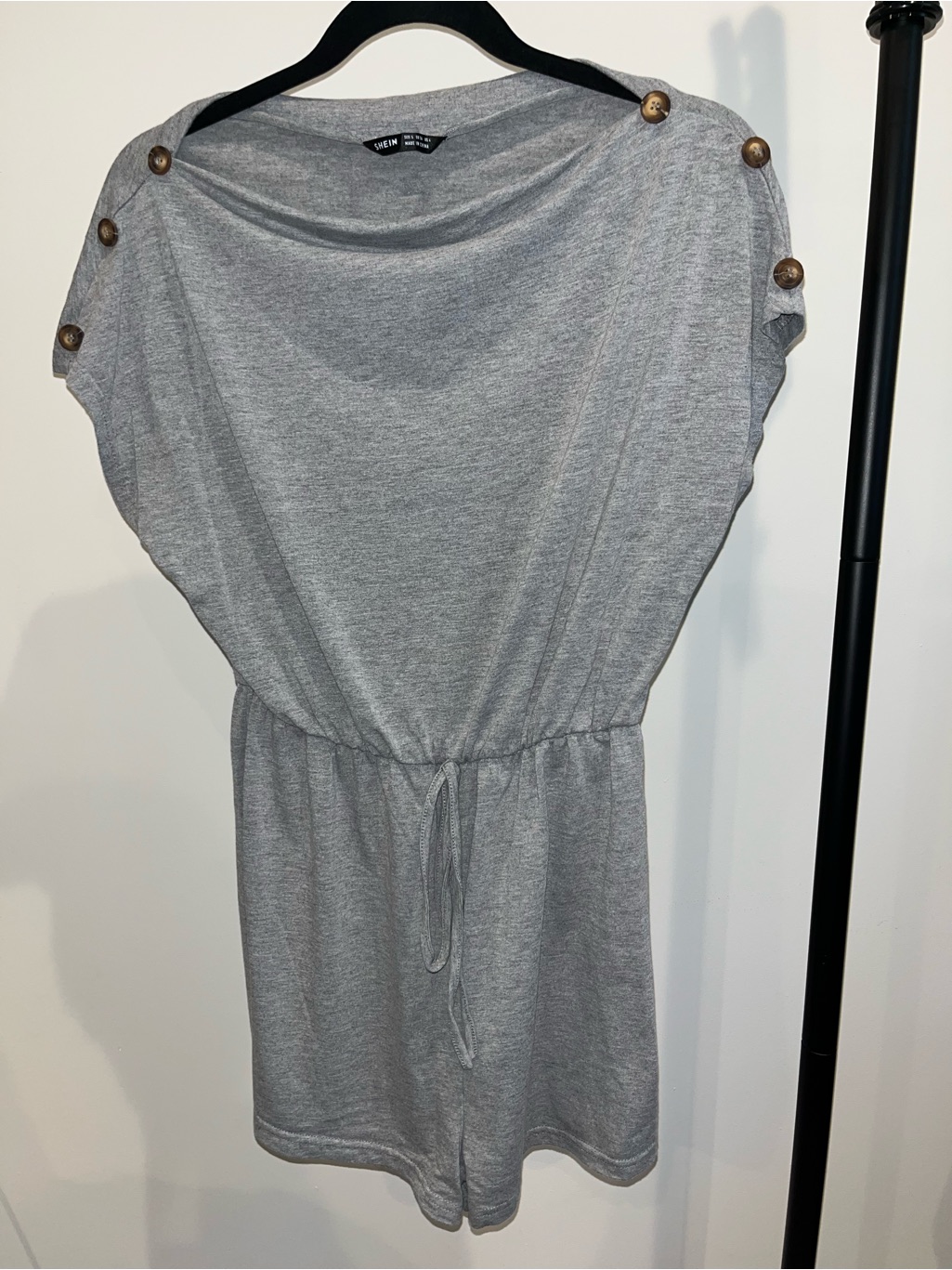 Gray Button-Shoulder Drawstring Romper